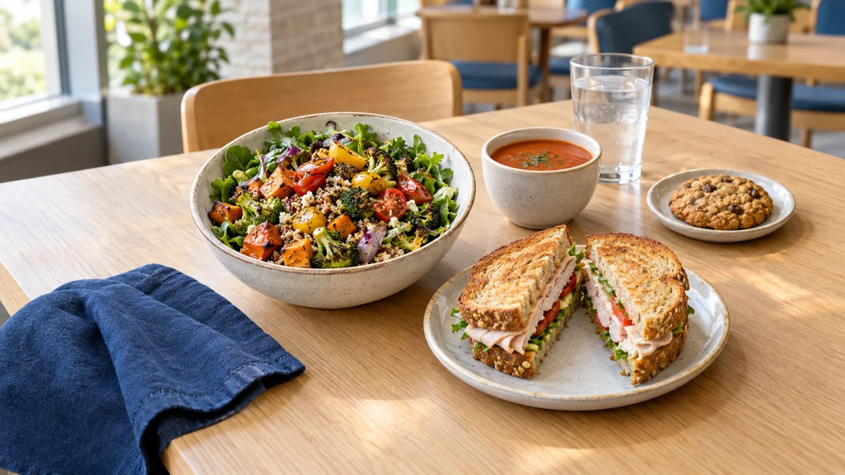 Roasted vegetable grain bowl, toasted turkey sandwich, tomato soup, and an oatmeal cookie on a sunlit café table.