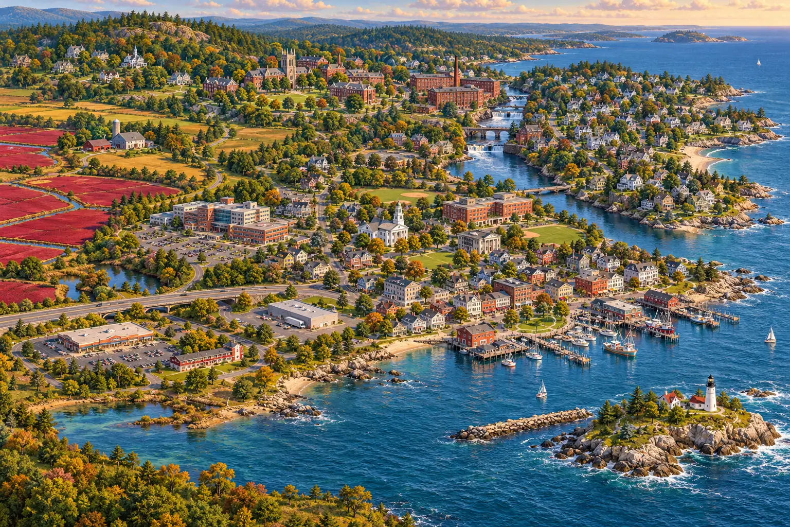 Illustrated aerial view of fictional Brooke Harbor, from the inland neighborhoods to the working harbor.