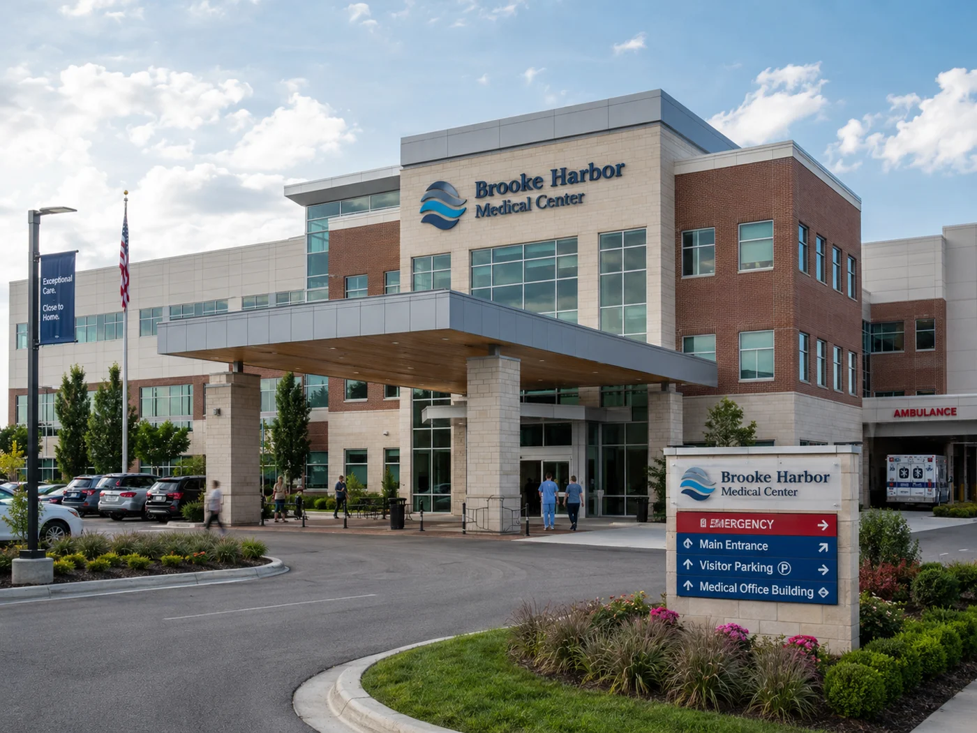 Brooke Harbor Medical Center entrance, with brick and pale stone buildings and blue wave signage.