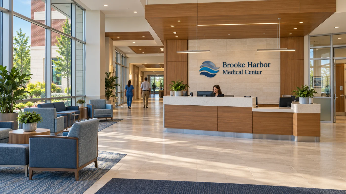 Bright Brooke Harbor Medical Center lobby with blue seating and a staffed reception desk.