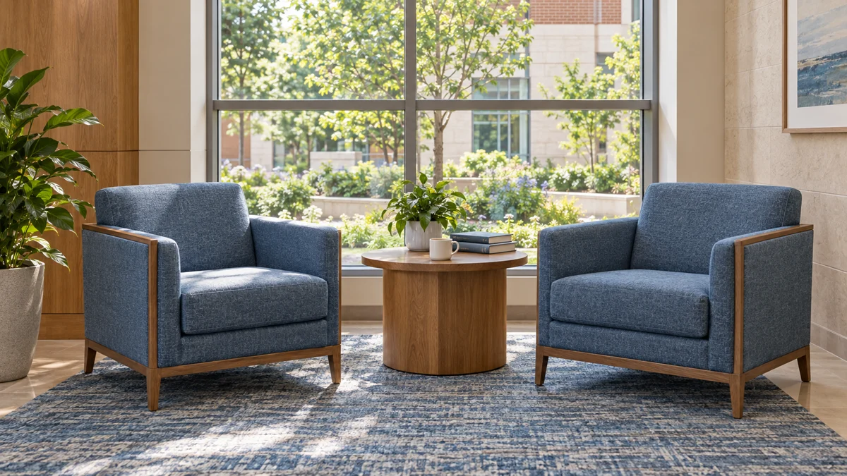 Quiet fictional BHHS staff space with blue armchairs, a small table, and daylight overlooking a planted courtyard.